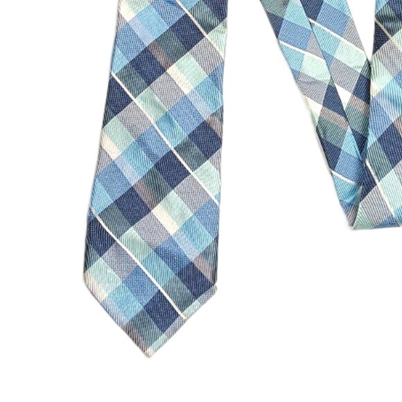 Express Plaid Tie Men’s 62” Blue Green Silk Cotton Blend Designer Classic New - Picture 1 of 4